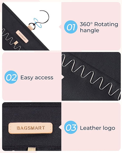 BAGSMART Hanging Necklaces Organizer Jewelry Holder Storage Roll with Hanger Metal Hooks Double-Sided Jewelry Organizer for Necklaces, Bracelets on Closet, Wall, Door, 1 piece, Large Black