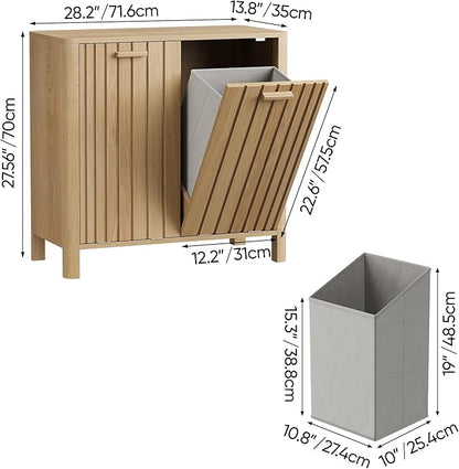 Double Tilt Out Laundry Hamper Cabinet, 11.8 Gallon Gradien Fluted Hidden Trash Cabinets with 2 Baskets for Bathroom Kitchen & Living Room, Freestanding Bathroom Storage Cabinet（Natural Oak）