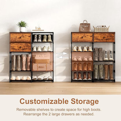 Shoe Rack, 6 Tier Shoe Rack Organizer with 2 Large Drawers, Shoe Storage for 20-24 Pairs, Sturdy Metal Shoe Shelf Shoe Stand for Closet Entryway, Rustic Brown and Black