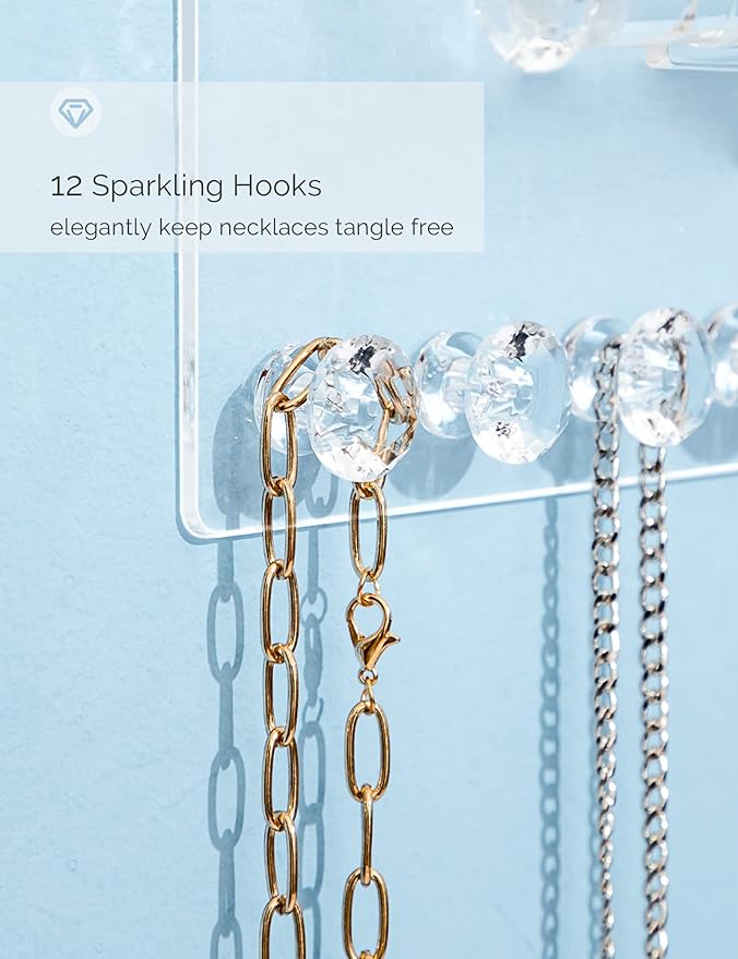 Mymazn 2 Pack Acrylic Necklace Holder with Shelf, 12 Diamond Shape Hooks and Removable Bracelet Rod, Wall Mounted Jewelry Organizer Hanging Rack Clear Jewelry Hangers