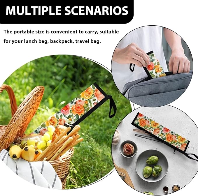 Portable Tableware Carrier Pouch Cutlery Bag Silverware Organizer Accessories for Travel Camp Party, Blooming Flower