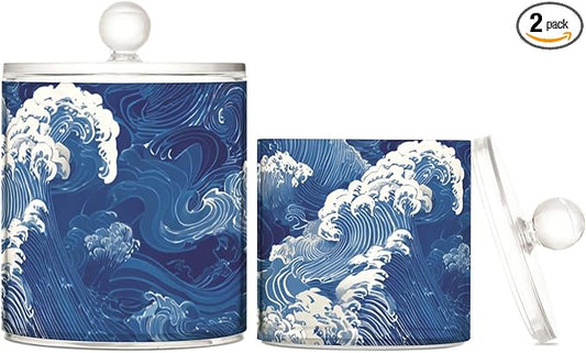 2 Pack Qtip Dispenser Apothecary Jars with Lids Cotton Round Holder Bathroom Canisters for Cotton Swab Floss Ball Pads Clear Plastic Decorative Blue Ocean Waves