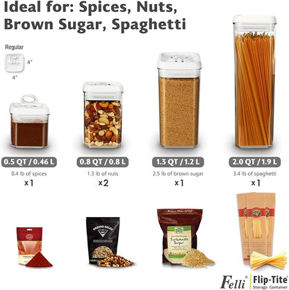 Felli Flip Tite Storage Container with Lid 4" Airtight Ring Seal Top, Stackable Acrylic Canister Jar Set for Kitchen Pantry Organizer, Food Spice Pasta Snack (5pk, Variety)