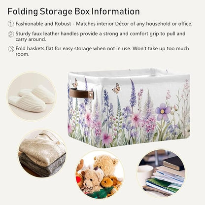 YETTASBIN Herbal Wildflowers Storage Basket 1pc, Large Collapsible Toys Clothes Organizer, Durable Canvas Storage Bin with Handle for Shelves Closet Laundry Home Office Decor