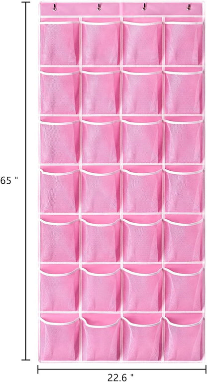 KEEPJOY 28 Pocket Over The Door Shoe Organizer, 2Pack Hanging Shoe Organizer for Door, Hanging Door Shoe Holder Rack with Mesh Pockets Large Size 65 x 23 inch (Pink-2Pack)
