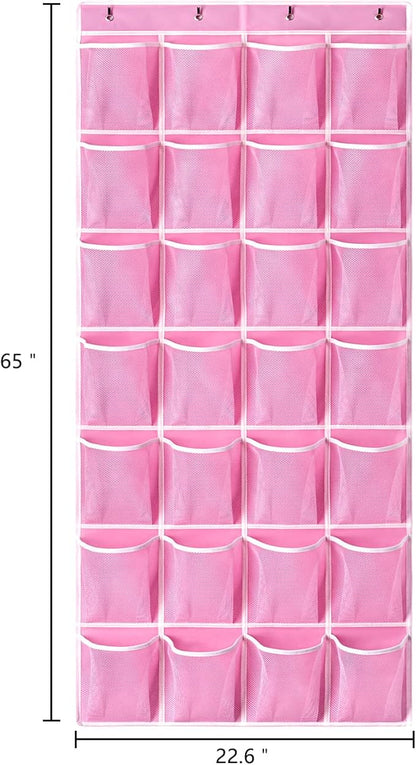 KEEPJOY 28 Pockets Hanging Shoe Organizer, Over the Door Shoe Organizer, Hanging Door Shoe Holder Rack with Mesh Pockets Large Size 65 x 23 Inch (Pink-1Pack)