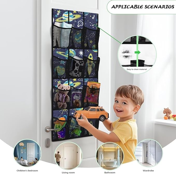 Space Planet Over Door Organizer for Kids, 12 Pockets Astronaut Theme Shoe Rack, Durable Oxford Fabric Storage Bag for Bedroom, Playroom & Science Decor