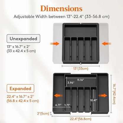 Lifewit Silverware Drawer Organizer, Expandable Utensil Tray for Kitchen, BPA Free Flatware and Cutlery Holder, Adjustable Plastic Storage for Spoons Forks Knives, 33 -57 x 42cm, Black