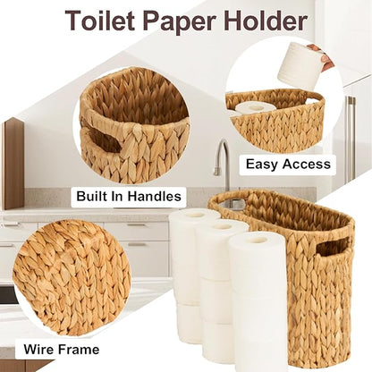 FairyHaus Wicker Toilet Paper Storage Basket with Buit-in Handles, 9 Rolls Natural Water Hyacinth Toilet Paper Holder Stand with Storage, Freestanding Handwoven Toilet Paper Holder Basket for Bathroom