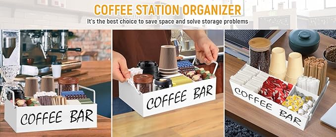 Coffee Station Organizer with Handles, Metal Coffee Bar Accessories Organizer for Countertop, Pod Holder Basket for Sugar Tea - White Table Decor