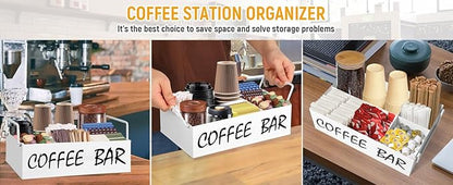 Coffee Station Organizer with Handles, Metal Coffee Bar Accessories Organizer for Countertop, Pod Holder Basket for Sugar Tea - White Table Decor