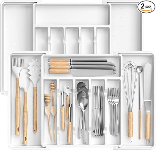 RoomHacks Large Silverware Organizer,Expandable Utensil Drawer Organizer,BPA Free Utensil Holder,Adjustable Silverware Tray Cutlery Drawer Organizer for Kitchen Flatware,Large,White,2 Pack