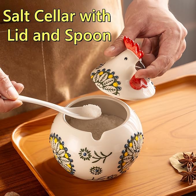 Ceramic Salt Cellar with Lid and Spoon, 13 OZ Large Chicken Salt Jar, Salt Holder for Counter, Coffee, Sugar, Spices and Candies, Salt Containers for Countertop (Blue)