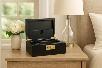 Smell Proof Stash Box with Lock & 5 Piece Accessory Kit – Black Bamboo Organizer with Removable Tray – Large Odor Proof Storage Case for Home or Travel