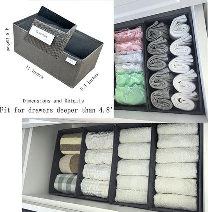 Bructhun Drawer Organizer Set of 4 Light Grey - Fabric Storage Bins for Clothes, Underwear, Socks & Bras - 11" Dresser Dividers for Bedroom Closet