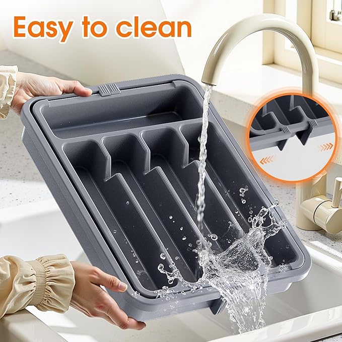 SpaceHacks Silverware Organizer，Adjustable & Expandable Utensil Drawer Organizer, BPA Free Utensil Holder, Cutlery Tray for Forks, Spoons, Knives in Kitchen, Medium, Grey