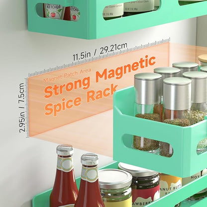 Sevenblue 4 Pack Strong Magnetic Spice Rack for Refrigerator, Multipurpose Magnetic Shelf for Fridge with 4 Hooks for kitchen and Bathroom Organization, Green
