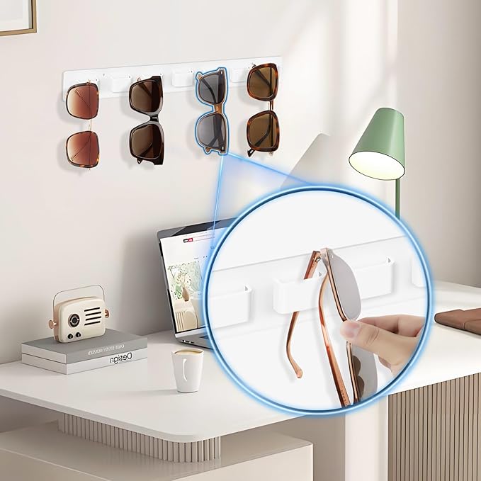 Sunglasses Organizer Wall Mounted Acrylic Sunglass Holder for Multiple Glasses,2 Pack Hanging Sunglasses Storage with 7 Slots- (White)