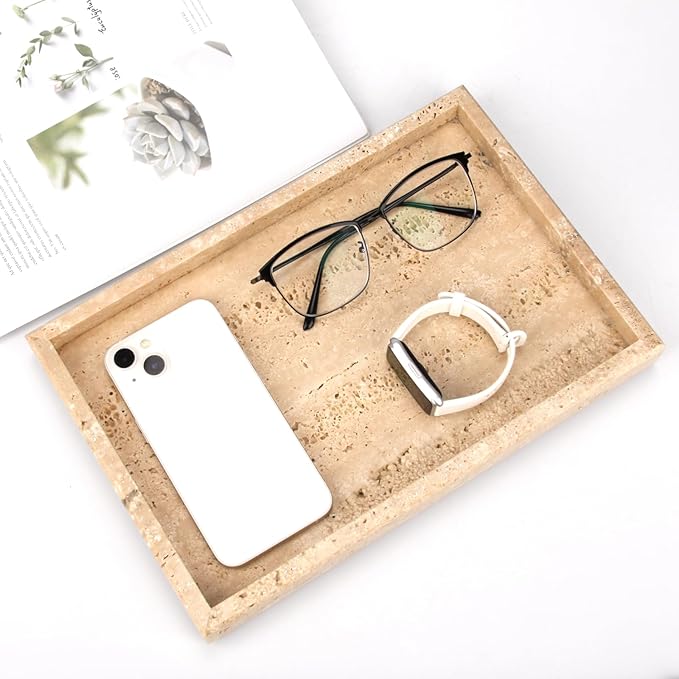 Marble Bathroom Vanity Tray, Natural Luxury Vanity Home Kitchen Bathroom Table Tray, Stone Decorative Countertop Dresser Trays for Key Coffee Perfume Jewelry Makeup (Travertine, 12"x 8" x1.2")