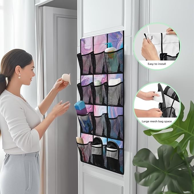 Marble Print Over the Door Organizer with 12 Mesh Pockets Back of Door Shoe Organizer Hanging Shoe Rack for Closet Storage Bag for Dorm Rooms Bedroom Bathroom Space Saving