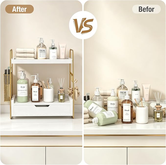 2-Tier Bathroom Counter Organizer with Drawer & Removable Basket, Wood & Metal Vanity Organizer for Skincare, Makeup, Perfume, Toiletries, Small Bathroom Counter Shelf, 13'' White Gold