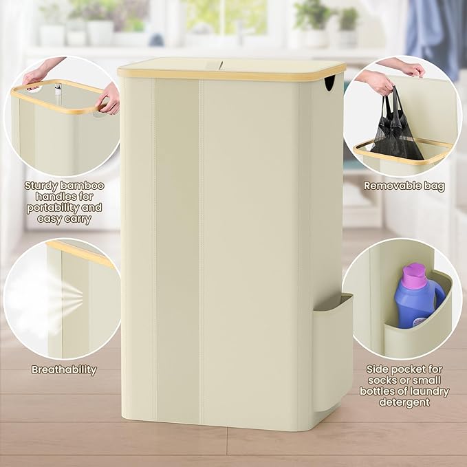 BlissTotes Laundry Basket with Lid, 100L Clothes Laundry Hamper with Handles and Removable Laundry Bag, Breathable Design Hamper with Lid for Bedroom, Bathroom, Dorm, Laundry Room - Beige