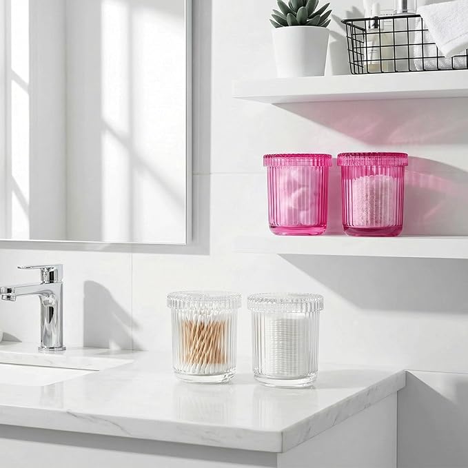 2 Pack Qtip Holder - Apothecary Jars with Lids, Bathroom Organizers and Storage Canister for Cotton Balls,Swabs,Floss Picks,Hair Ties,Clear Glass Vintage Bathroom Decor Jar Set (Pink)