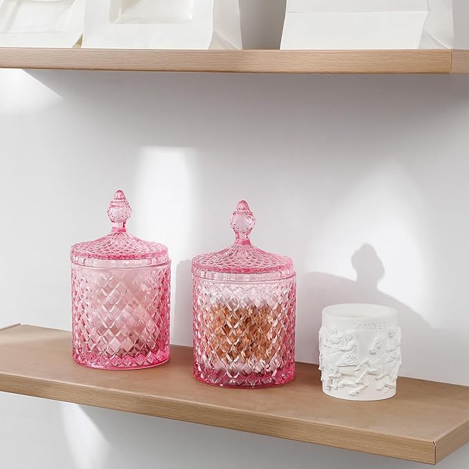 rejomiik Qtip Holder Glass Apothecary Jars with Lid for Bathroom Canisters Dispenser Decor, Storage Organizer for Cotton Swabs, Balls, Pads, Floss Picks, Candy, Pink