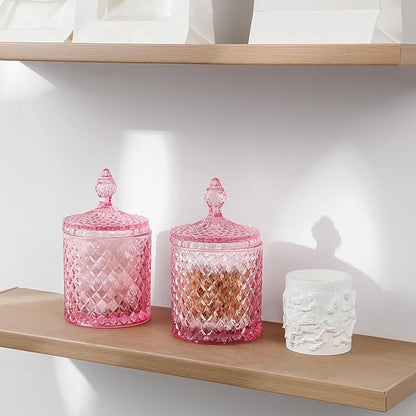 rejomiik Qtip Holder Glass Apothecary Jars with Lid for Bathroom Canisters Dispenser Decor, Storage Organizer for Cotton Swabs, Balls, Pads, Floss Picks, Candy, Pink