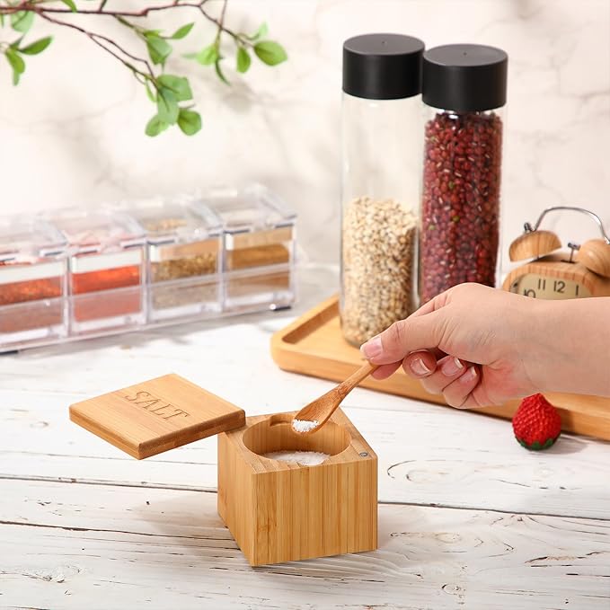 Honeydak Bamboo Salt Cellar Bamboo Storage Box with Magnetic Swivel Lid Wooden Spoon Wood Spice Storage Box Salt Container for Kitchen, 6 oz