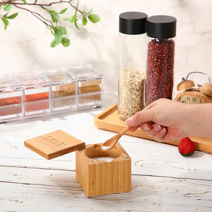 Honeydak Bamboo Salt Cellar Bamboo Storage Box with Magnetic Swivel Lid Wooden Spoon Wood Spice Storage Box Salt Container for Kitchen, 6 oz