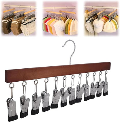 Closet Organizer with 12 Clips, 2026 New Space Saving Hanging Closet Organizer, Hat Scarf Clothespins for Legging Jeans Skirts Socks Pant Hangers (Vintage-12 Clips, 1 Pcs)