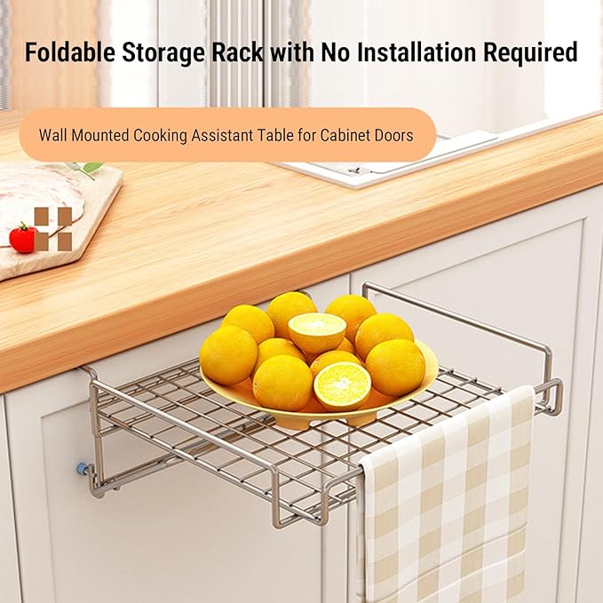 POCREATION Foldable Cabinet Door Organizer, Space Saving Kitchen Hanging Shelf Countertop Extender Shelf No Drill Storage Rack with Stainless Steel Adjustable Knob for Additional K (Original Color)
