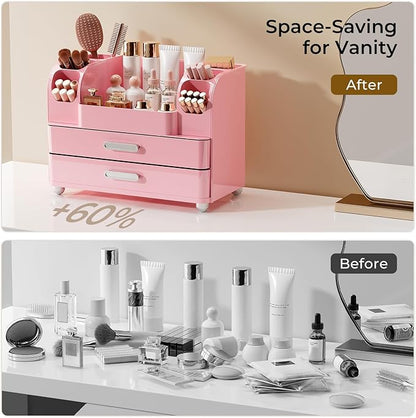 Makeup Organizer for Vanity with 2 Large Drawers, Cosmetic Display Case with Brush Holders, Easy to Storage for Bathroom Countertop Skincare, Desk Office Supplies, All Pink