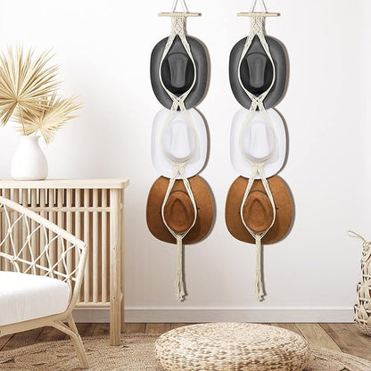 Hat Organizer Bohemian Hat Wall Hanging Wooden Hat Hooks Boho Hat Hangers for Wall Hanging Hat Display Hand Weaving Hat Rack Decorative Cap Holder for Wide Brim and Fedoras Baseball Caps (2 Pieces)