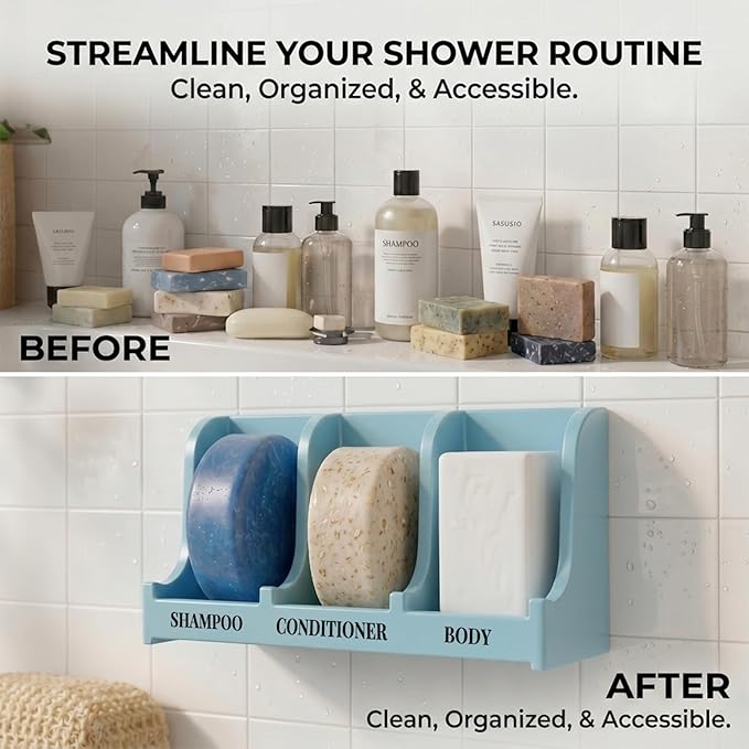 Soap Holder for Shower Wall, 3-Compartment Soap Dish for Shampoo, Conditioner and Body Soap, Fast Draining & Rust-Proof & Heavy Duty, Ultra-Strong Self Adhesive & Freestanding (Light Blue, Label)
