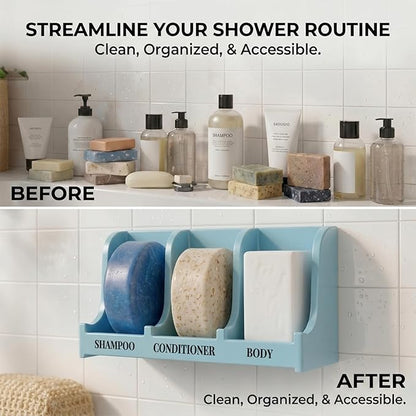 Soap Holder for Shower Wall, 3-Compartment Soap Dish for Shampoo, Conditioner and Body Soap, Fast Draining & Rust-Proof & Heavy Duty, Ultra-Strong Self Adhesive & Freestanding (Light Blue, Label)