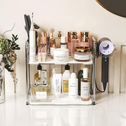 Bathroom Counter Organizer, 2 Tier Makeup Skincare Storage Tray with Hair Dryer Holder and Toothbrush Rack, Perfume Organizer Vanity Shelf for Countertop, Dresser (Transparency)