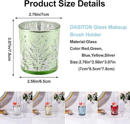 DASITON Makeup Brush Holder Organizer, Crystal Glass Cosmetic Makeup Brushes Storage Holder, Christmas Tree Make Up Brush Cup for Vanity Décor, Small Pen Holders for Desk, Toothbrush Holders (Green)