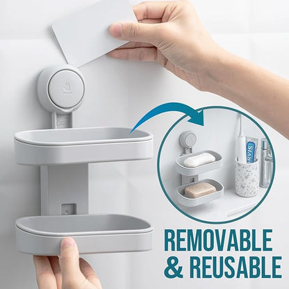 TAILI Soap Holder Soap Dish for Shower, Suction Cup Soap Holder for Shower Wall, Bathroom Accessories, Removable Strong Hold Soap Saver, Drill Free, Grey 2 Layer