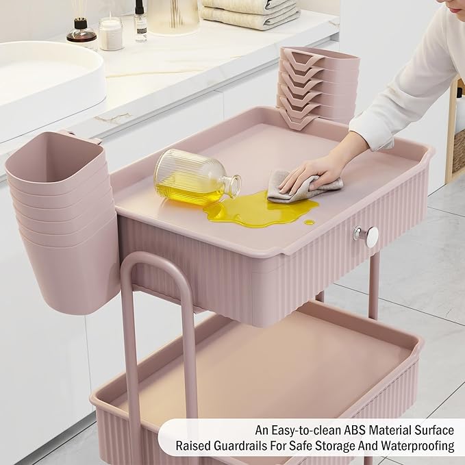 3 Tier Drawer Beauty Cart with 12 Movable Storage Organizer, Thickened ABS & 360° Wheels for Salon Station for Hair Stylist, Beauty Salon, Spa Massage Parlor, Makeup Organizer and More - Pink