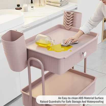3 Tier Drawer Beauty Cart with 12 Movable Storage Organizer, Thickened ABS & 360° Wheels for Salon Station for Hair Stylist, Beauty Salon, Spa Massage Parlor, Makeup Organizer and More - Pink