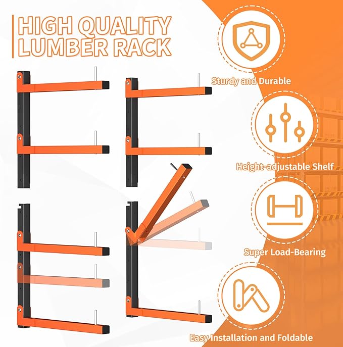 4 Pack Lumber Storage Rack, Wall Mount Foldable & Adjustable Lumber Rack with 8-Level Holds Up 1040 Lbs, Heavy Duty Metal Garage Wood Rack for Workshop, Basement, Indoor and Outdoor
