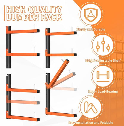 4 Pack Lumber Storage Rack, Wall Mount Foldable & Adjustable Lumber Rack with 8-Level Holds Up 1040 Lbs, Heavy Duty Metal Garage Wood Rack for Workshop, Basement, Indoor and Outdoor