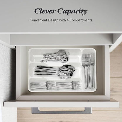 Milageto Cutlery Tray Multifunction Fittings with 4 Compartments - Compact Silverware Drawer Organizer, Storage Box for Flatware Silverware Stationery Kitchen Drawer Bathroom, White