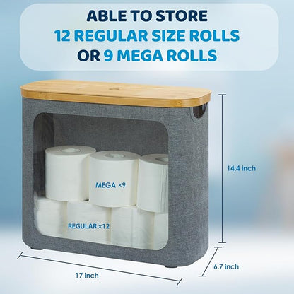 Toilet Paper Basket, Toilet Paper Storage with Lid for 12 Rolls, Bathroom Storage Organizer with Bamboo Lid, Grey