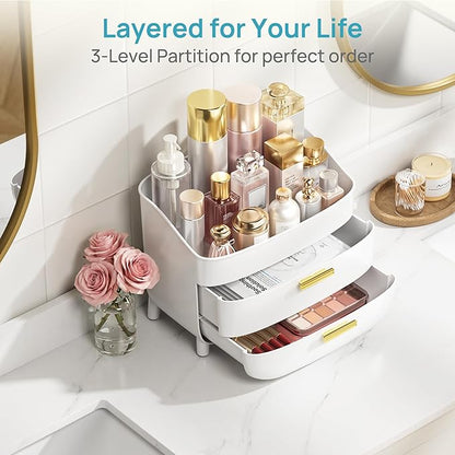 Vtopmart 3-Tier Skincare Makeup Organizer with Drawers for Vanity and Bathroom Countertop, Large Cosmetic Storage Box Case for Dresser, with Non-Slip Base