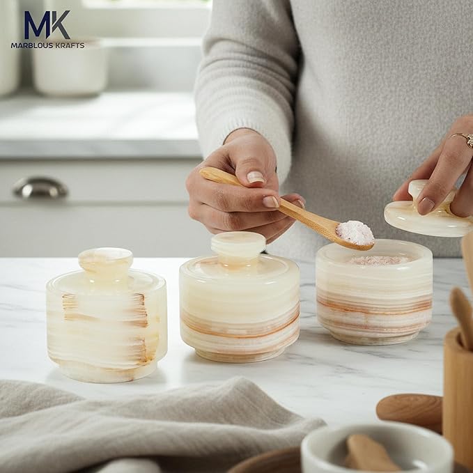 MARBLOUS KRAFTS 3" White Onyx Marble Salt Cellars with Lids, Flaky Salt Holder, Spice Container, Sugar Jar for Countertop, Set of 3 Kitchen Storage Bowls, Perfect Mother’s Day Gift for Her