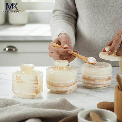 MARBLOUS KRAFTS 3" White Onyx Marble Salt Cellars with Lids, Flaky Salt Holder, Spice Container, Sugar Jar for Countertop, Set of 3 Kitchen Storage Bowls, Perfect Mother’s Day Gift for Her