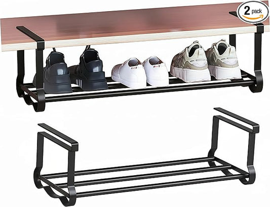 Expandable Hanging Shoe Rack for Closet, 2 Pack Retractable Metal Under Shelf Rack, Adjustable Under Cabinet Storage Shelf & Partition Organizer for Wardrobe, Kitchen, Black